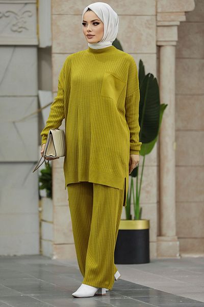 Neva Style Λάδι Πράσινο Hijab Πλεκτό Σετ Διπλό 34060yy