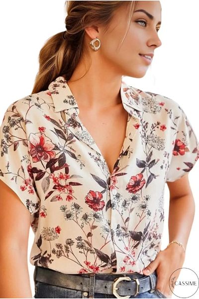 Cassime Red Floral Pattern - Women's Shirt with Bat Sleeves and Buttons