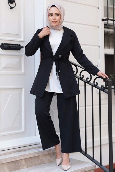 N.S NEVA STYLE Black Hijab Double Suit with Jacket 62221S