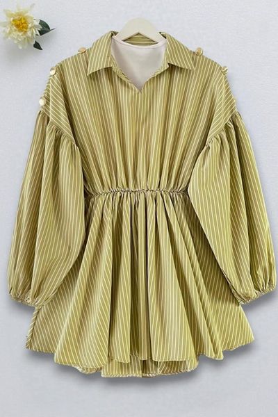 SUWWE Balloon Sleeve Striped Casual Hijab Dress