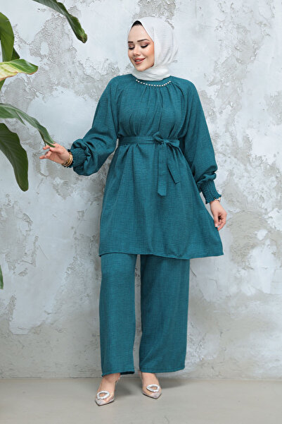 Neva Style Belted Petrol Blue Hijab Double Suit 44691Pm