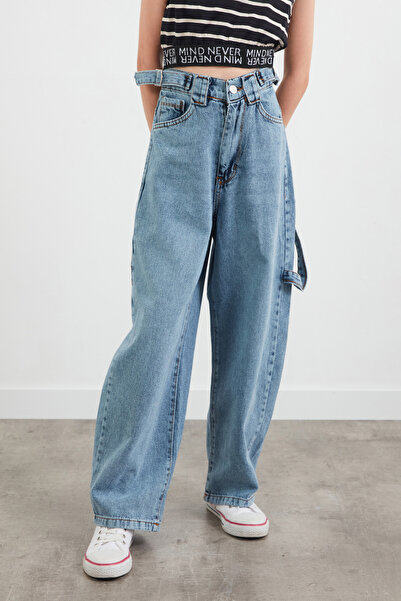 Fulla Moda %100 Pamuk Beli Tokalı Kargo Cepli Kız Çocuk Baggy Pantolon