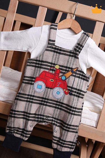 Babyhola 3-18 Months Plaid Patterned Baby Boy Snap Strap Salopet Badi 2-Piece Set 2203