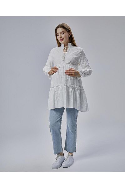 Işşıl Işşil 50877-Brode Frilly Judge Collar Maternity Shirt-Tunic