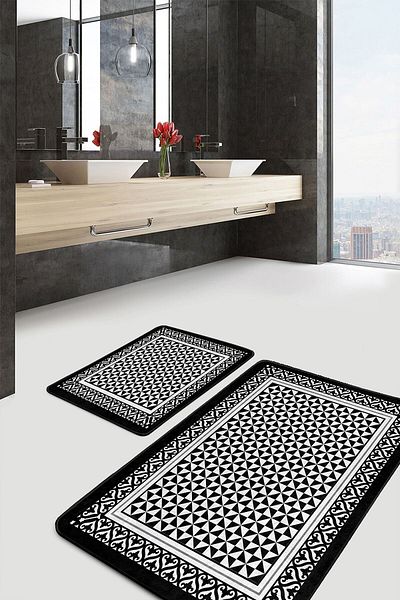 Realhomes Geometric Geometric Simple Stylish 2-Piece Bathroom Kitchen Mat Set with Framed Motifs on Black and White Floor