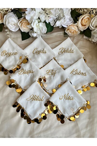 LE FANTASİA 1adet-isme Özel Nakışlı Halay Mendili - Ekru & Gold Pullu - (İSMİ...