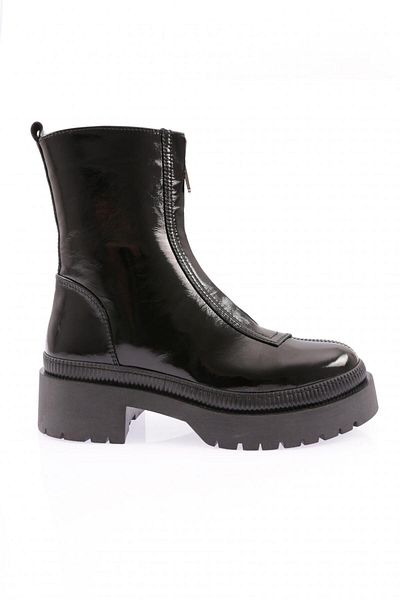 DGN 21542-22K Women's Thick Sole Zippered Boots Black Patent Leather Genuine Leather