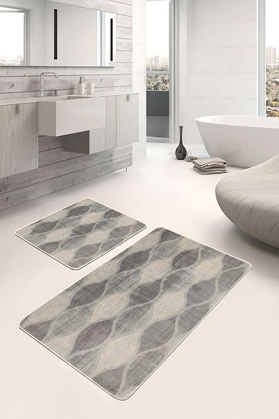 Realhomes Set of 2 Classic Motif Geometric Patterned Geometric Simple & Stylish 2-Piece Bath Mat Set on Cream Floor