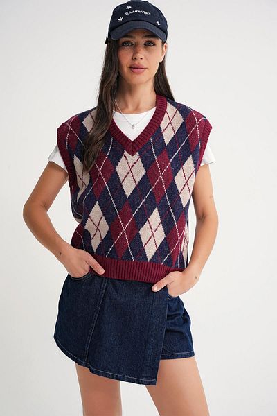 Mixray 6930 Pulover de damă cu modele de diamante Roșu Claret