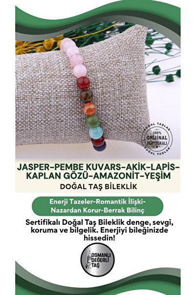 OSMANLI DOĞAL TAŞ Sertifikalı Doğal Taş Bileklik-jasper,pembe Kuvars,akik,lap...