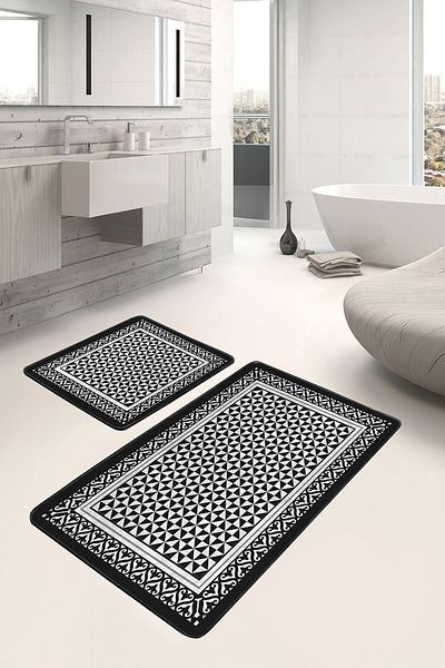 Realhomes Geometric Geometric Simple Stylish 2-Piece Bathroom Kitchen Mat Set with Framed Motifs on Black and White Floor