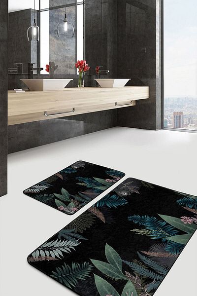 Realhomes Floral Patterned Leaves on Black Floor, Simple & Stylish 2-Piece Bathroom & Kitchen Mat Set
