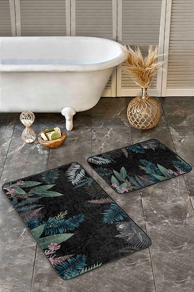 Realhomes Floral Patterned Leaves on Black Floor, Simple & Stylish 2-Piece Bathroom & Kitchen Mat Set