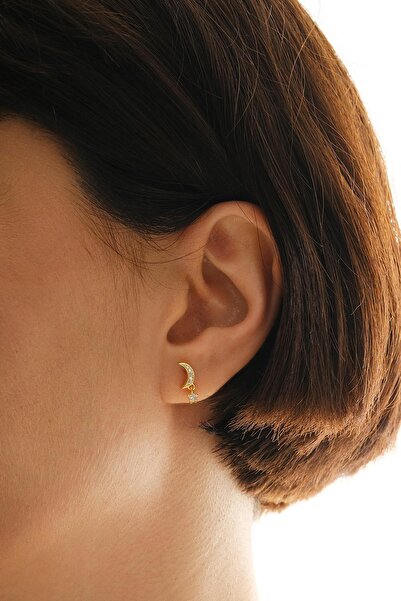 Sümer Telkari Taşlı Ay Altın Kaplama Mini Gümüş Küpe 7349