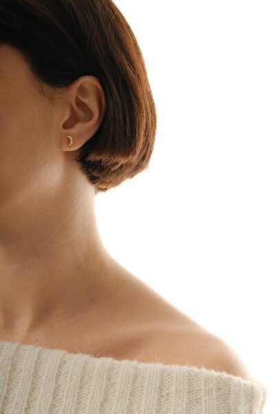 Sümer Telkari Taşlı Ay Altın Kaplama Mini Gümüş Küpe 7349