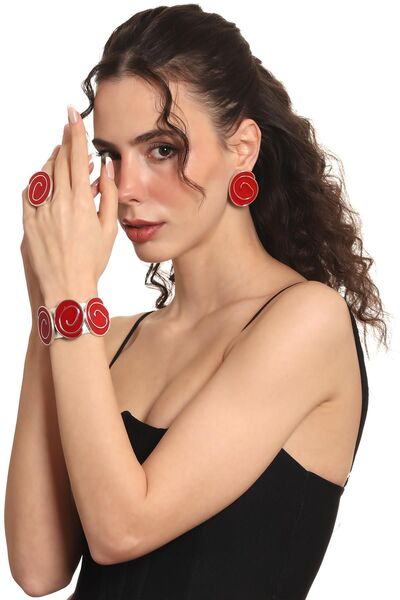 LABALABA Women's Silver Color Lacquer Plated Spiked Model Red Enamel Earrings & Ring & Bracelet Set