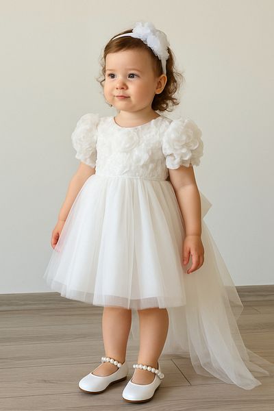 2kids2mom Baby Girl White Dress Short Sleeve Bow Birthday Party Wedding Special Occasion Tulle Lined Princess Par