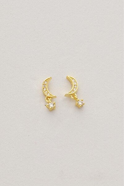 Sümer Telkari Taşlı Ay Altın Kaplama Mini Gümüş Küpe 7349
