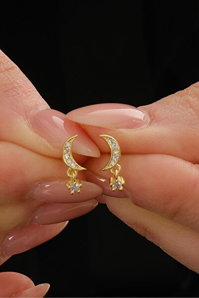 Sümer Telkari Taşlı Ay Altın Kaplama Mini Gümüş Küpe 7349