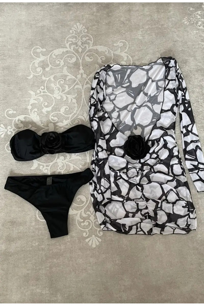 wishe Siyah Beyaz Gül Detay Straplez Bikini Takım Set ve Pareo Elbise Plaj Giyim