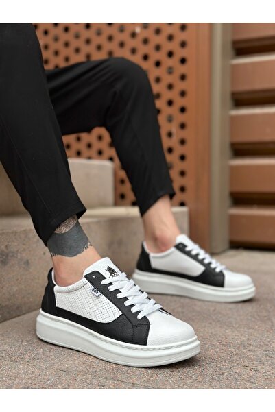 pabucmarketi Lace-Up High Sole Men's Sports Shoes White Black (White Sole)