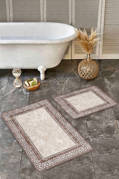 Realhomes 2-Piece Beige Framed Motif Classic Patterned Geometric Classic 2-Piece Bathroom & Kitchen Mat Set