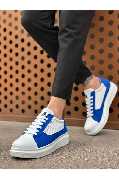 pabucmarketi Lace-Up High Sole Men's Sports Shoes White Blue (White Sole)