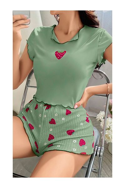 Retro Steampunk Set de pijamale cu bretele cu model de căpșuni verzi pentru femei Ruselin