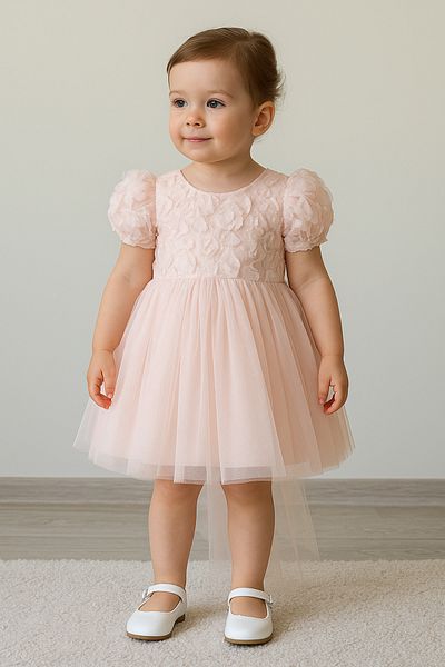 2kids2mom Baby Girl Powder Dress Short Sleeve Bow Birthday Party Wedding Special Occasion Tulle Lined Princess Par