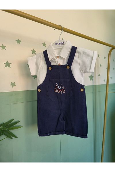 Baby Navy Blue Linen Solopet with White Shirt 100% Cotton Comfortable Stylish Baby Set