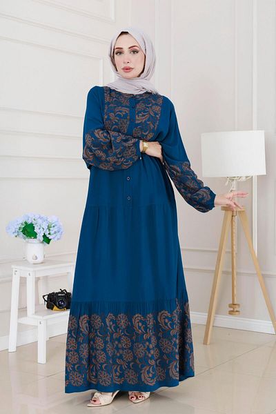 Sevitli Half Button Robe Beyza Dress-Indigo
