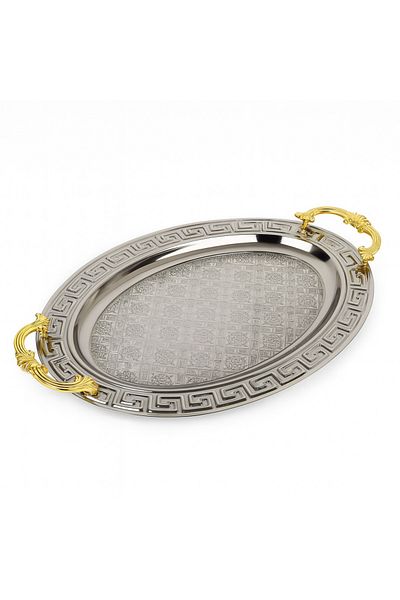 İnova Home Decor Silver Colored Sena Oval Labyrinth Patterned Large Sheet Tray - 44X35 cm
