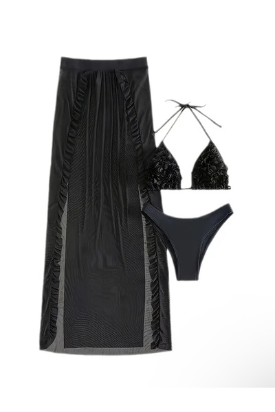 wishe Siyah Üçgen Çiçekli Plaj 3 Parça Bikini Takım Set ve Pareo Etek