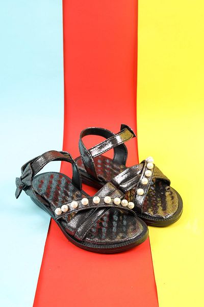 Moda Lime Girls' Sandals Bead and Ribbon Detailed Velcro Flexible Sole Slippers