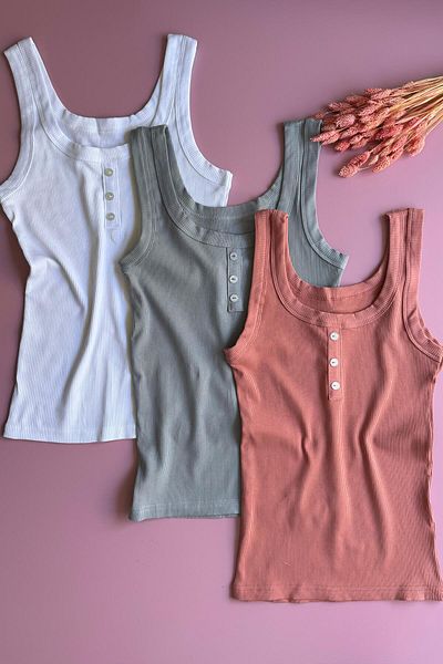 Ahmio Livora 3-Piece Lycra Cotton Rib Tank Top with Buttons and Comfortable Design (Blue, White, Dusty Rose)