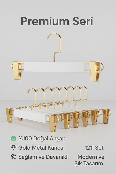Onouqo White Wooden Hanger Clothes and Skirt Hanger Special Series Gold American Hook 12 Pieces