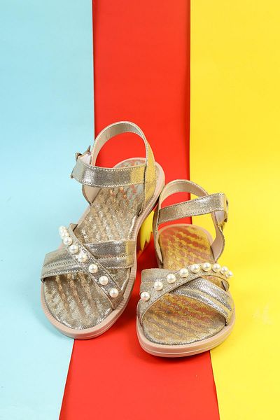 Moda Lime Girls' Sandals Bead and Ribbon Detailed Velcro Flexible Sole Slippers