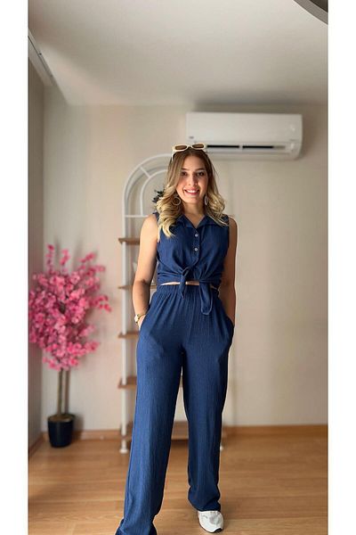 fidoş Women's Summer Wrinkle Fabric Bottom Top Set Elastic Waist Wrinkle-Free Fabric