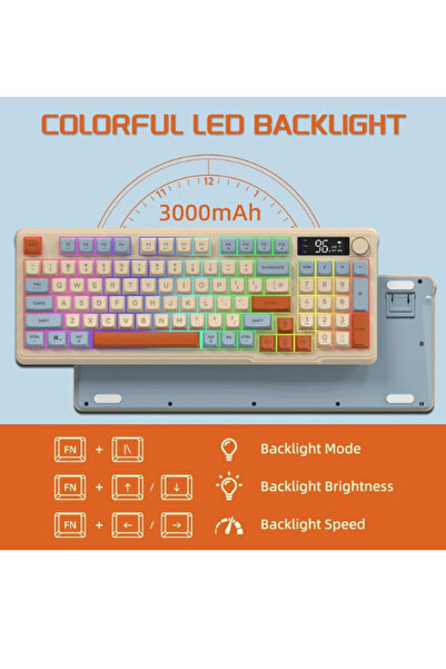 ATAsoft ELEKTRONİK Since 2021 Freewolf M96 Klavye Bluetooth/2.4g Kablosuz Klavye Işıklı Usb Type-c Kablolu Şarj Gösterge Panelli