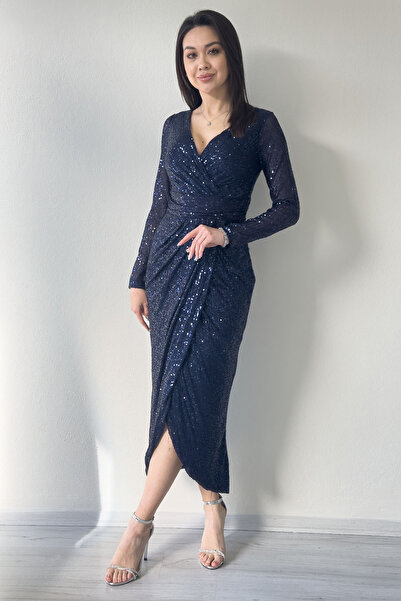 Elbise Delisi Kadın Lacivert Payet Tasarım Kruvaze Yaka Uzun Kollu Yeni Sezon Büyük Beden Abiye Elbise