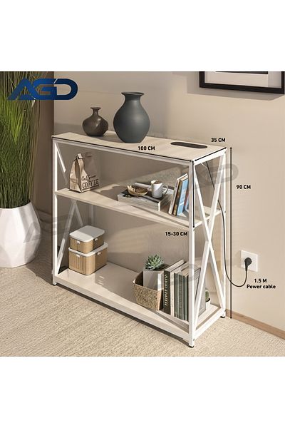 AGD Adjustable 3-Tier Console Table with Charging Base and Storage Shelf, 100×35×90 cm, White
