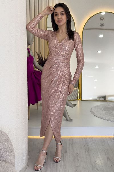 Elbise Delisi Women's Powder Sequin Design Double Breasted Collar Long Sleeve New Season Plus Size Evening Dress