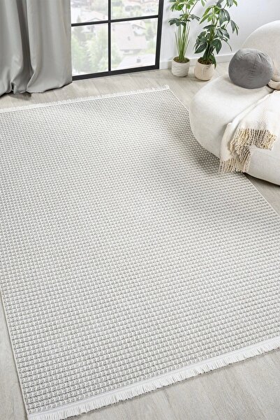 Eliz Home Beyaz Gri Yumuşak Dokulu Halı Kilim Salon Mutfak Koridor Yolluk Dokuma Makine Halısı 0014