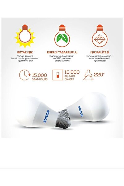 Edison 10 Adet Led Ampül Beyaz Renk 9 Watt Tasarruflu Yüksek Işık Gücü A Enerji Sınıfı 9w Ampül Ekonomik