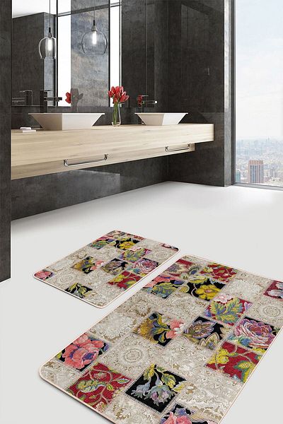 Realhomes Set of 2 Ethnic Vintage Avangarde 2-Piece Bath Mat Set with Patchwork Motif on the Traditional Floor