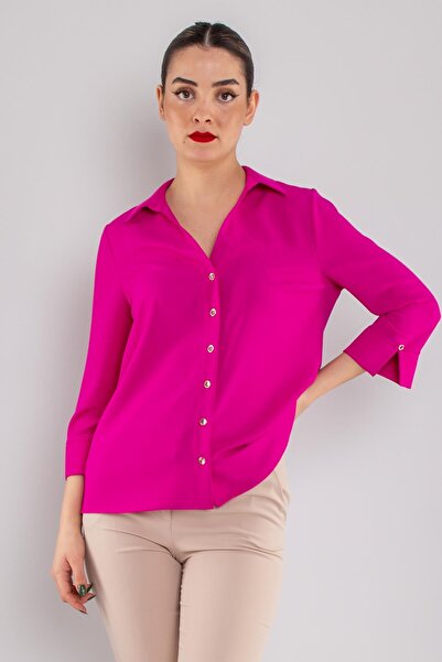 AYHAN 81834 Truvakar Kol Kruvaze Yaka Düğmeli Krep Bluz