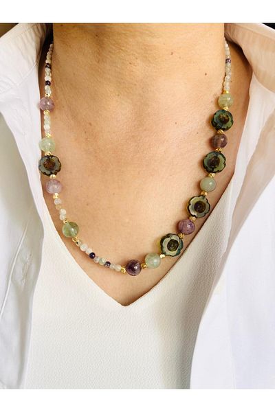 DEVİ fashion Fluorite Natural Stone Design Flower Necklace 55 cm
