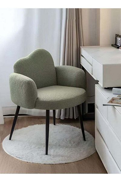 Taimi Boucle Fabric Chair with Arms, Comfortable Backrest and Metal Legs, Makeup Chair - White
