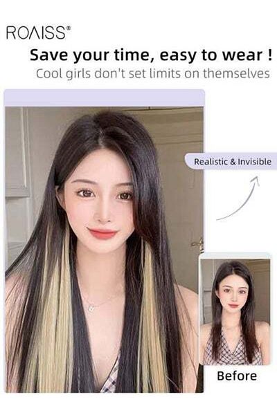 ROAISS Women's Long Straight Gradient Synthetic Wig, Highlighted Gradient Invisible Natural One-piece Strai