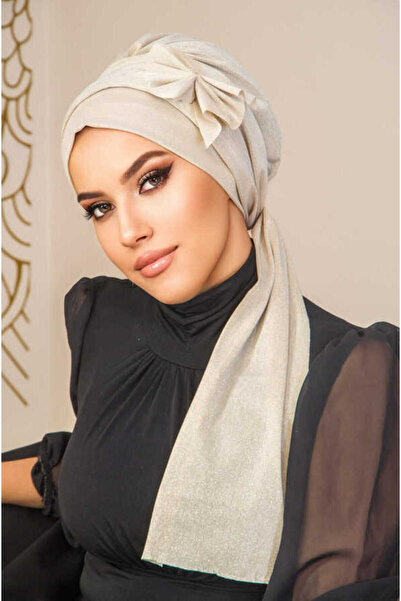 Aişe tesettür Βραδινό φόρεμα Ecru Akseaur με καπό κασκόλ